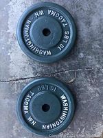 Top view of one green iron weight plate with white embossed lettering 'WASHINGTONIAN NM TACOMA WA 10 LBS'