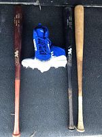 Photo showing three wooden baseball bats and one pair of blue and white Nike baseball cleats branded with Mike Trout logo, size 10.5.