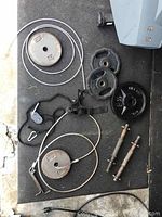 Overview of dumbbell handles, various weight plates including 5 lb and 10 lb plates, pulley cables, and collars with visible wear and surface rust.