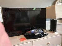 Full front view of the Sony Bravia TV showing the screen, stand with cords, and adjacent lamp.