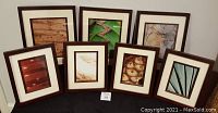 Photo showing all seven framed nature photography prints arranged on a black surface.