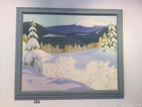 Framed full view of winter landscape acrylic painting showing snow, trees, hills, and mountain.