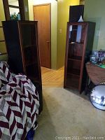 Two slender tall display cabinets positioned side by side in living area showing overall appearance.
