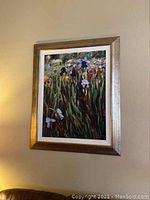 Full view of framed art print 'Tangled Irises' showing colorful flowers and frame.