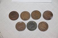 Seven Indian Head pennies arranged on a flat surface with various visible dates and wear.