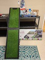 Overview of Good2Go portable pet ramp with grass-like surface and boxed packaging along with various pet supplies arranged behind ramp.