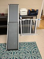 View showing the pet ramp, food container, carrier placed on shelf, and one gate leaning