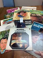 Photo showing an assortment of 13 vintage LP records featuring country and pop music artists including Marty Robbins, Leroy Van Dyke, Jack Green, Bill & Jan, Sonny James, and others.