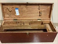 Full open view of the wooden tool box showing lid and inside compartments.