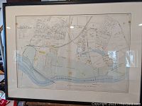 Framed antique map showing the town of Watertown, MA including the Charles River and Watertown Arsenal area.