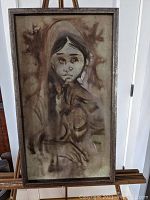 Full view of surrealist portrait painting showing the entire figure of a woman rendered in dark muted colors on canvas, framed.