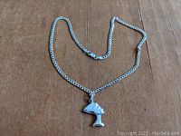 Full view of pendant and chain laid out on wood surface.