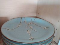 Stack of dinner plates with light blue surface and dark branch and blossom pattern