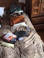 Photo showing assorted purses laid out on a leopard-patterned fabric surface, including a green purse, brown handbag, leopard print clutch, and black clutch among others.