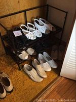 Photo of ladies shoes arranged on a black metal shoe rack and floor with a wood panel background.