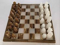 Entire chessboard with all 32 pieces set up for play