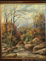 Direct view of oil painting landscape with creek, trees, and sky, signed R. Kemp in lower right corner.