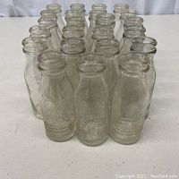 Group photo showing 24 small clear glass bottles clustered together