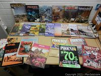 Overview of all magazines laid out on tabletop in two rows showcasing full covers