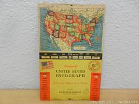 Front view of vintage 1950's Hammond's United States Infograph showing US map before Alaska and Hawaii statehood with fold-up info card.