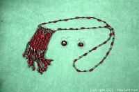 Full view of red beaded pouch necklace with matching red earrings on green background.