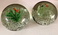 Two round glass paperweights with clear glass exterior showing red fish and green plants inside, placed side by side on white surface.