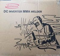 Box depicting Simder DC Inverter MMA Welder with welded illustration logo and brand name