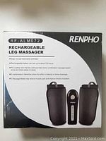 Box of Renpho RF-ALM072 rechargeable leg massager showing product image and features.