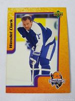 Front of the Wendel Clark hockey card showing player in Leafs uniform with Sunkist and Upper Deck branding
