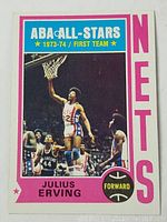 Front of the 1974 Topps Julius Erving basketball card showing ABA All-Stars 1973-74 First Team with action photo of Dr. J in white Nets uniform dunking.