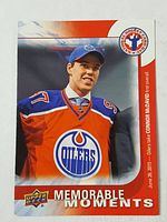 Front of the 2016 Connor McDavid Upper Deck Memorial Moments promotional hockey card showing McDavid in Edmonton Oilers uniform.