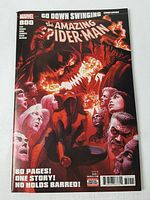 Front cover of the Amazing Spider-Man comic issue 800 with cover art featuring Spider-Man surrounded by characters and flames.
