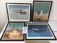 Four framed aviation promotional prints arranged with two vertical and two horizontal. Shows overall lot composition, frame coloration, and relative sizes.
