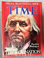 Front cover of the TIME magazine with a painted portrait of George Washington, red background, and bold blue TIME title. Shows wear and some discoloration typical of vintage magazines.