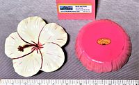 Two ceramic flower-shaped dishes, showing front and back sides, highlighting the pink dish with textured center and cream dish with petal detail and labels on backs.