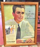 Framed vintage magazine ad featuring a young man and promotional text for General Dual Balloon tire.