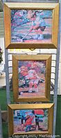 Three vertically stacked paintings showing scenes of children outdoors, each in gold frames