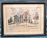 Full view of framed vintage ink drawing of 'High School - Veteran Housing Site' in a black wood frame