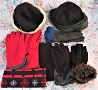 Photo of 9 women's winter accessories including fleece hats and gloves in red, black, grey, and brown tones arranged on a floral background.
