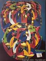 Front view of painting showing colorful circular bird motifs