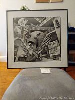 Front view of the framed M.C. Escher 'Relativity' print showing the full design and frame.