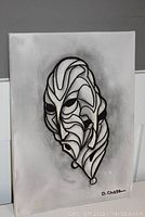 Full view of the abstract acrylic painting titled 'One Bird, Two Spirits' showing monochrome shaded mask-like figure on a textured white background.