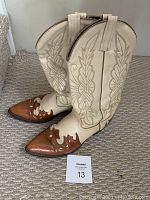 Pair of authentic Sheplers two-tone handmade leather western boots, cream and brown with stitched decorative pattern on shaft, lightly worn size 9.5 D