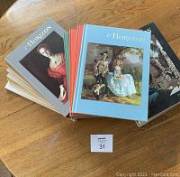 Top view of 19 Horizon art hardcover books spread and stacked, showing different classical paintings on front covers and overall good condition.