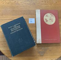 Both books shown on a wooden table, dictionary has dark green cover, atlas has red and white cover