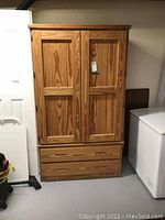 Full view of the solid pine wardrobe with two paneled doors and two drawers at the bottom, standing on the floor next to a white appliance and a door.