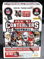 Front box view showing 2020 NFL Trading Cards, 40 cards per box, Panini brand, NFL and NFLPA logos, and autograph or rookie ticket swatch variation indication.