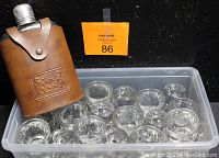 Photo of the large leather-covered flask and multiple shot glasses placed inside a plastic container