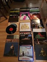 Overview of vinyl record albums laid out on floor in rows, showing various artist covers including Elton John, Chicago, Bee Gees, Carole King, Three Dog Night
