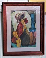 Full view of the framed watercolor painting showing abstract still life in a wood frame.
